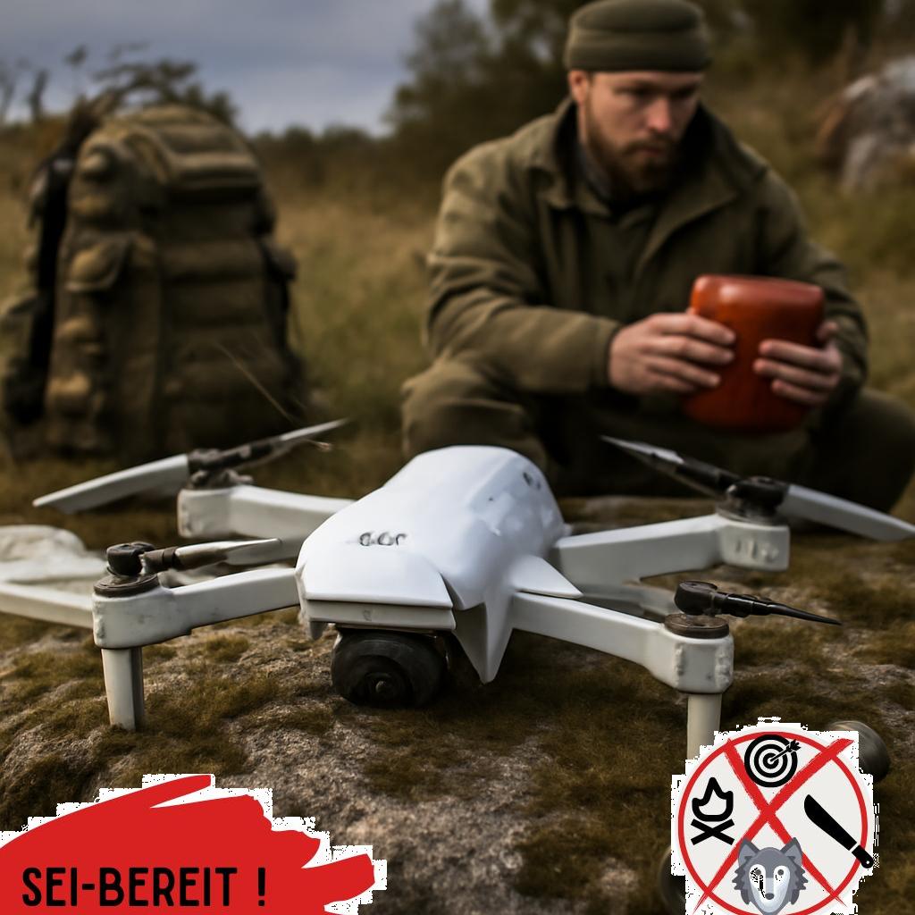 ALT-Text: Automatische Sicherheits-Drohne überwacht ein Gelände als Teil der Prepper-Notfallausrüstung.