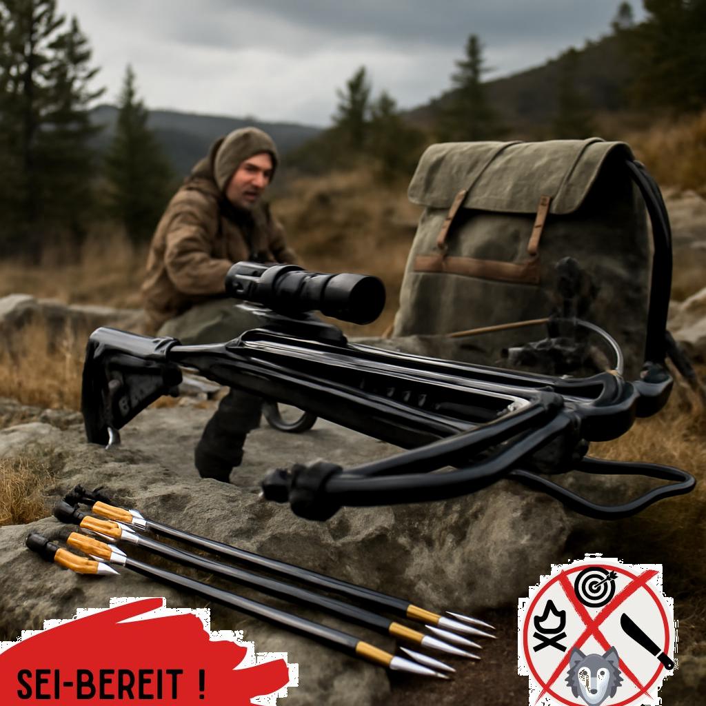 Alt-Text: Deluxe Armbrustset mit Zubehör, ideal für Prepper und Notfallausrüstung, präsentiert auf dunklem Hintergrund.