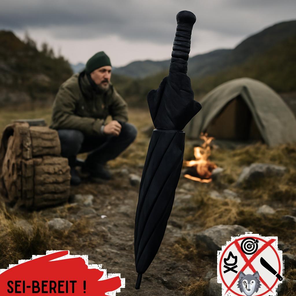 ALT Text: Faltbarer taktischer Regenschirm in schwarz, ideal für Prepper und Notfallausrüstung, robust und kompakt für den Einsatz bei schlechtem Wetter.