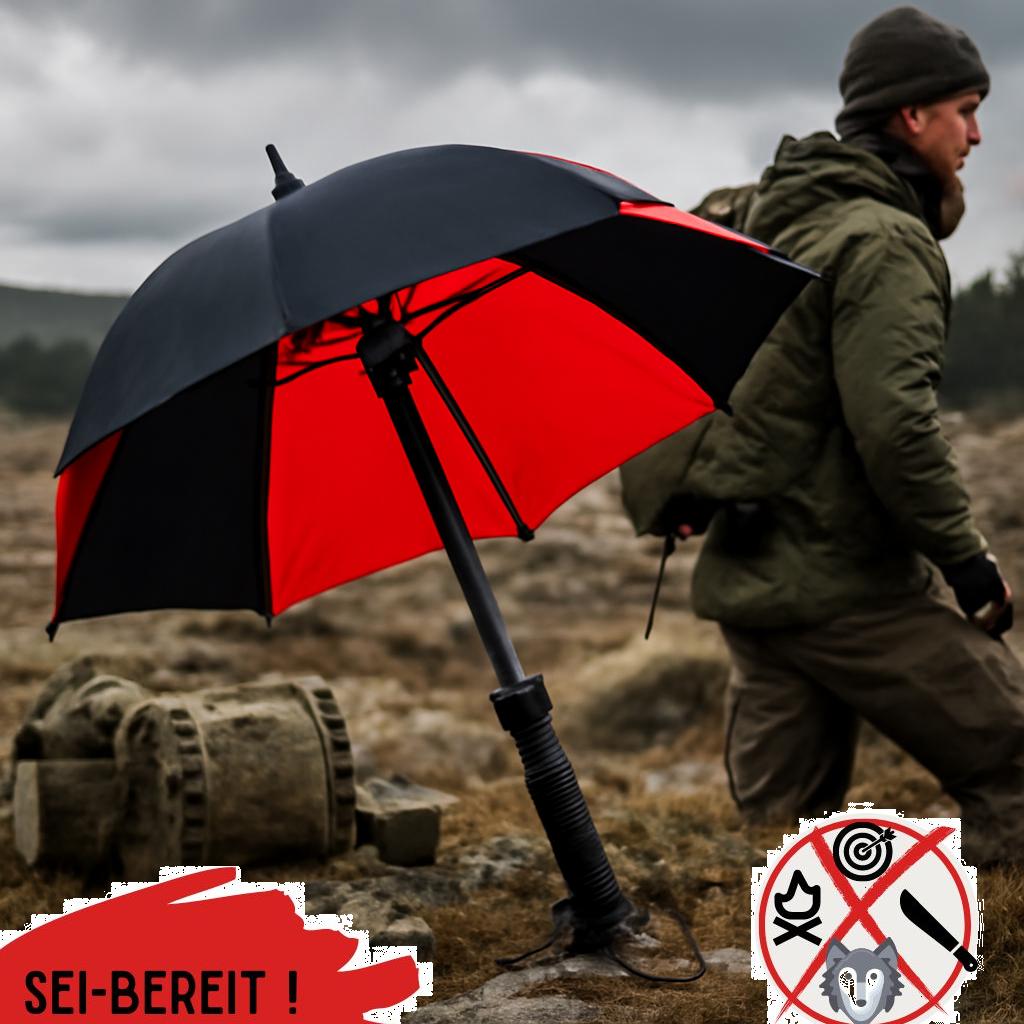 ALT-Text: Faltbarer taktischer Regenschirm in robuster Ausführung – ideal für Prepper und Notfallausrüstung bei schlechtem Wetter.