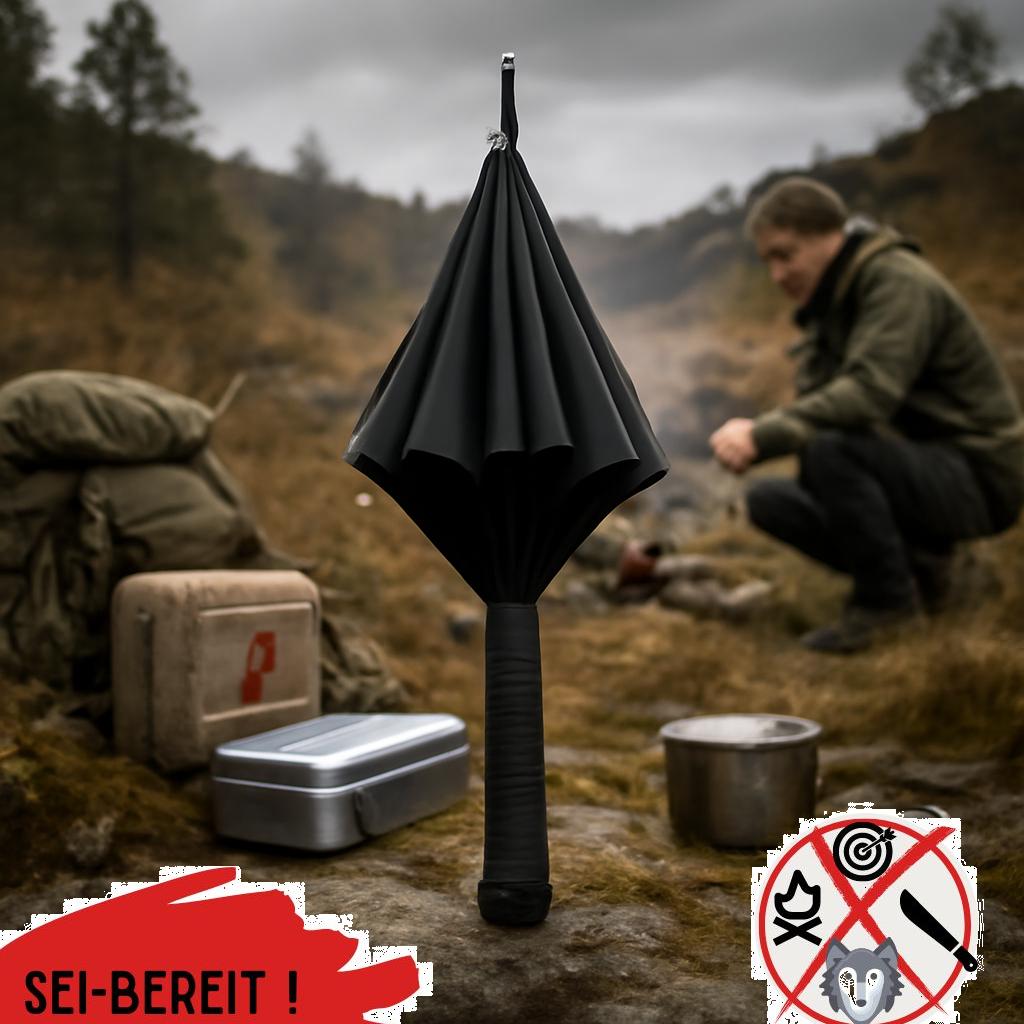 ALT Text: Schutzschirm mit Metallspitze als nützliches Tool für Prepper und Notfallausrüstung in robustem Design