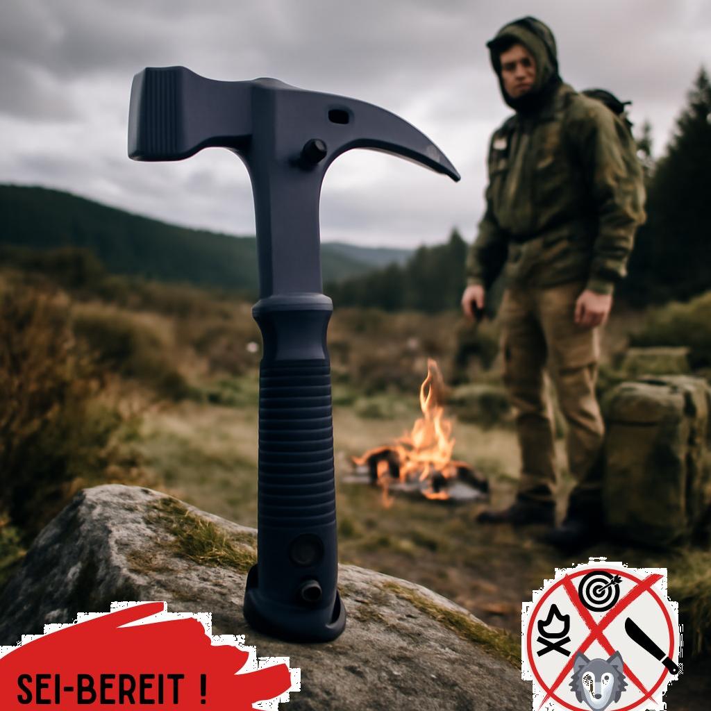 ALT-Text: Taktische Hammer-Axt-Kombination für Prepper und Notfallausrüstung, robustes Mehrzweckwerkzeug zur survival- und campinggerechten Nutzung.