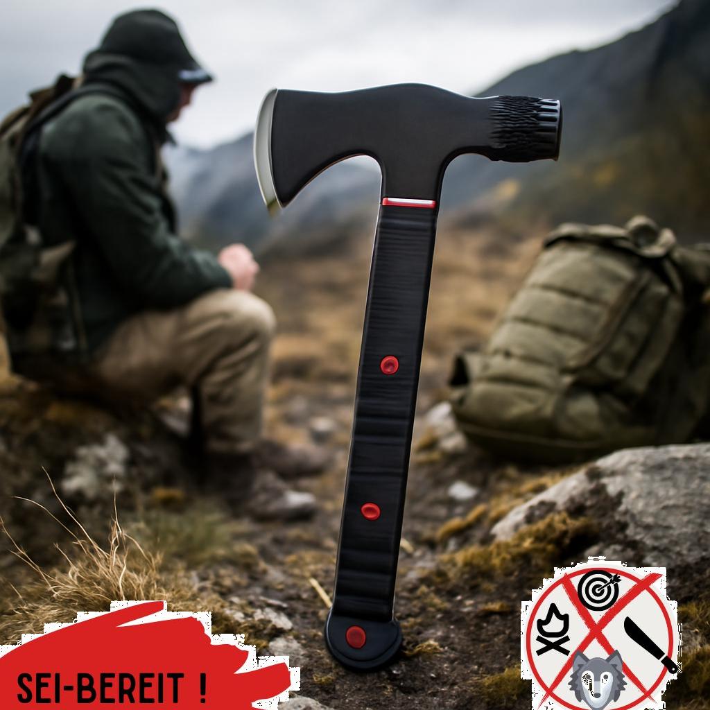 ALT Text: Taktische Hammer-Axt-Kombination aus robustem Stahl, ideal für Prepper und Notfallausrüstung im Outdoor-Einsatz.