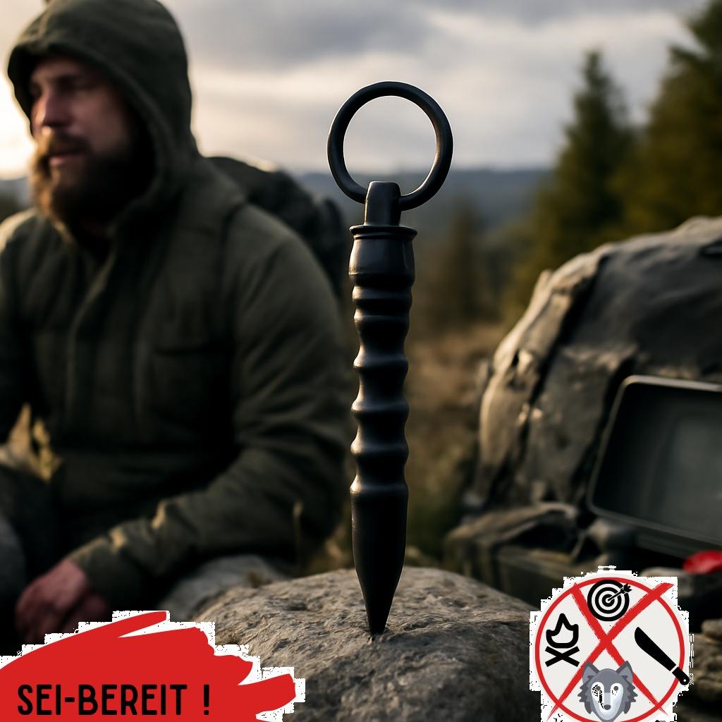 ALT Text: Ultrastarker taktischer Schlüsselanhänger aus robustem Metall, ideal für Prepper und Notfallausrüstung.
