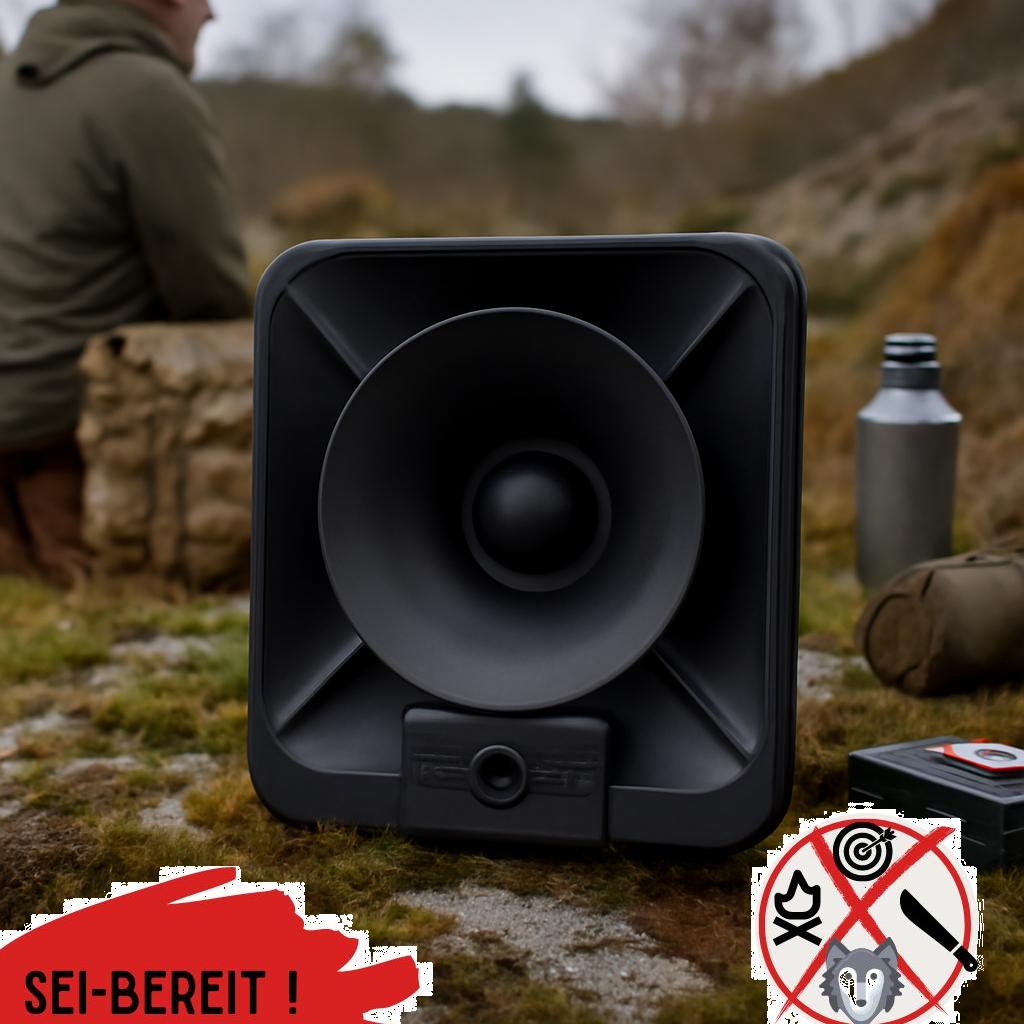 ALT Text: Abwehr-Schallgerät in einer Notfallausrüstung für Prepper zur sicheren Verteidigung.