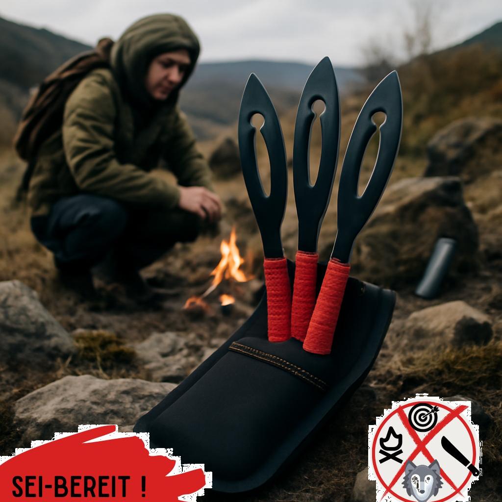ALT-Text: Hochwertiges professionelles Wurfmesserset in einer robusten Aufbewahrung, ideal für Prepper und Notfallausrüstung.